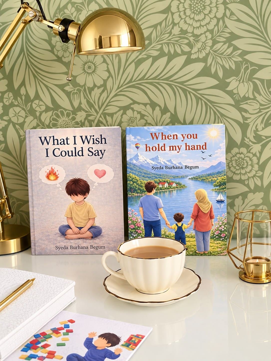 The books What I Wish I Could Say and When You Hold My Hand, by Syeda Burhana Begum, on a desk with a cup of tea and a brass lamp.