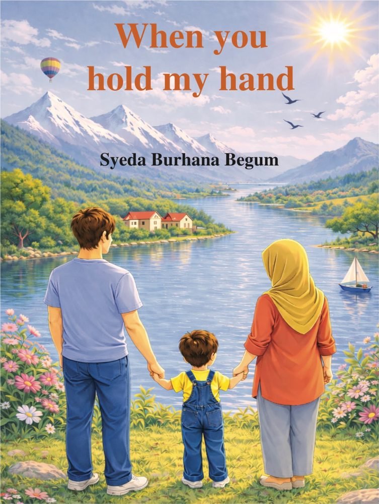 Cover of When You Hold My Hand: a family seen from behind, holding hands beside a lake below mountains.