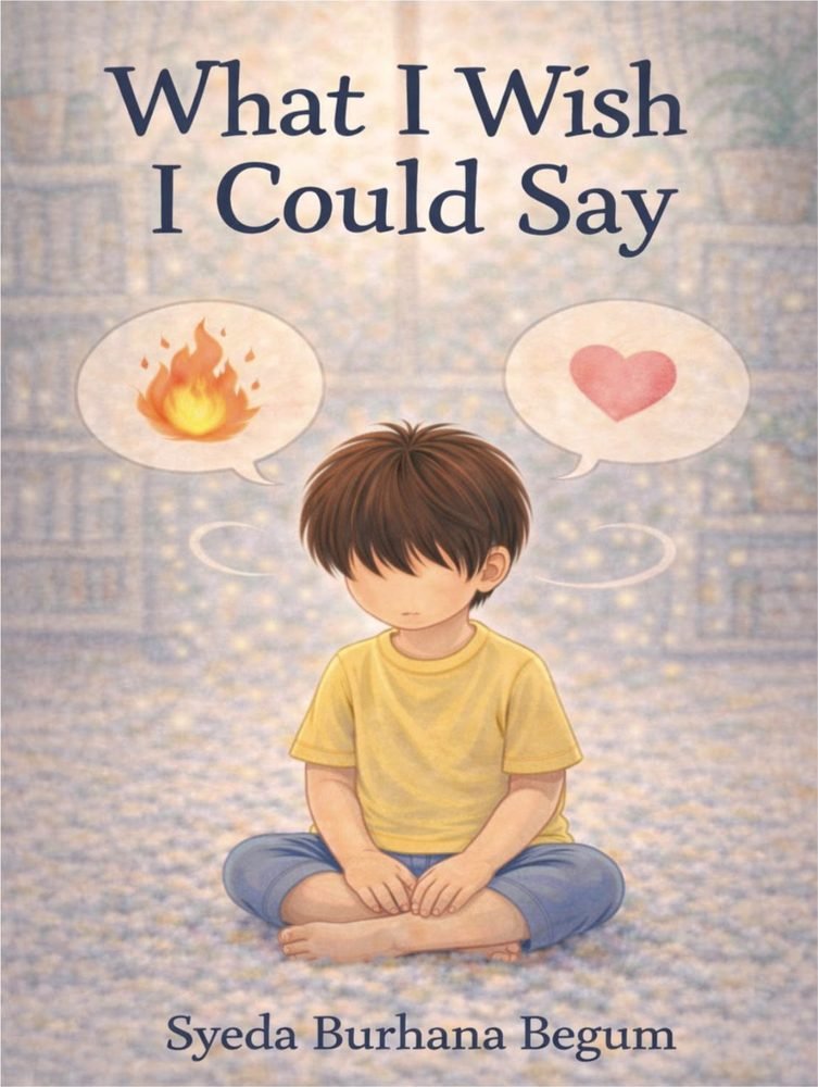 Cover of What I Wish I Could Say: a child sits cross-legged, with thought bubbles showing a flame and a heart.