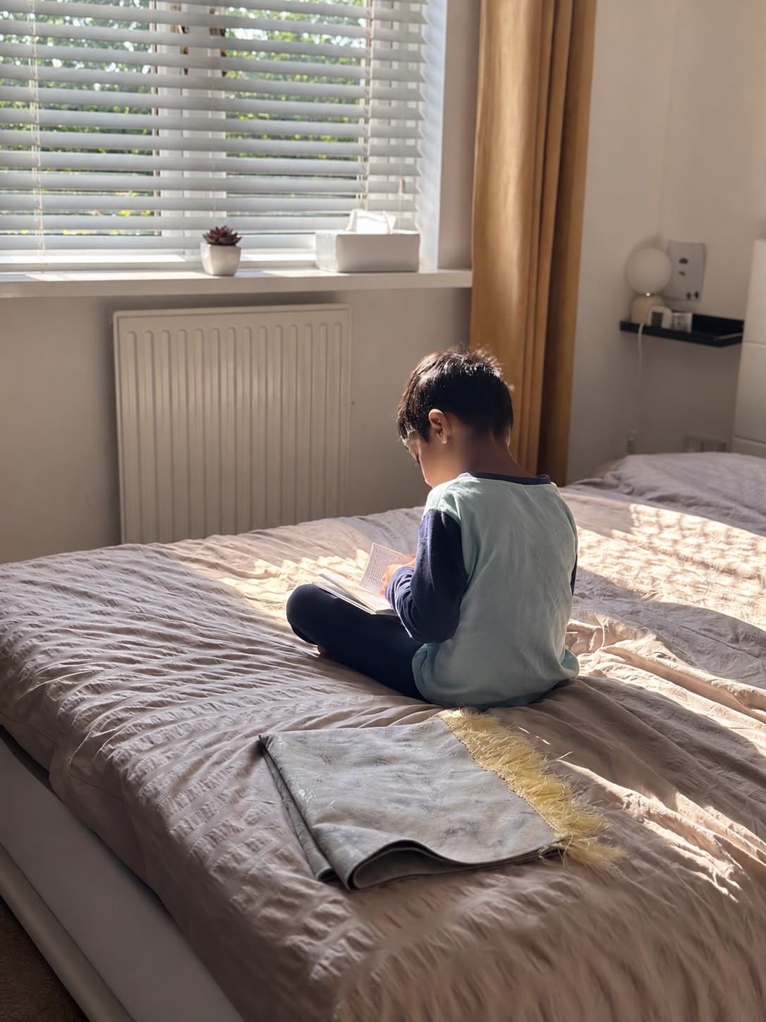 A child sitting cross-legged on a sunlit bed, reading a small book.